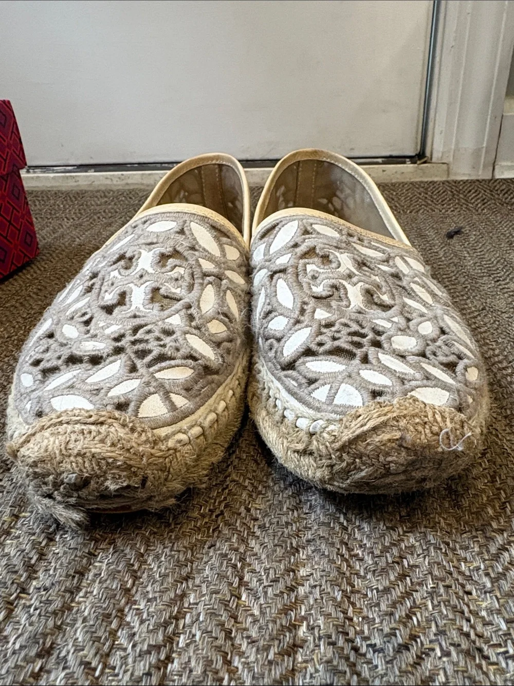 Tory Burch Taupe and White Cutout Espadrille Flats